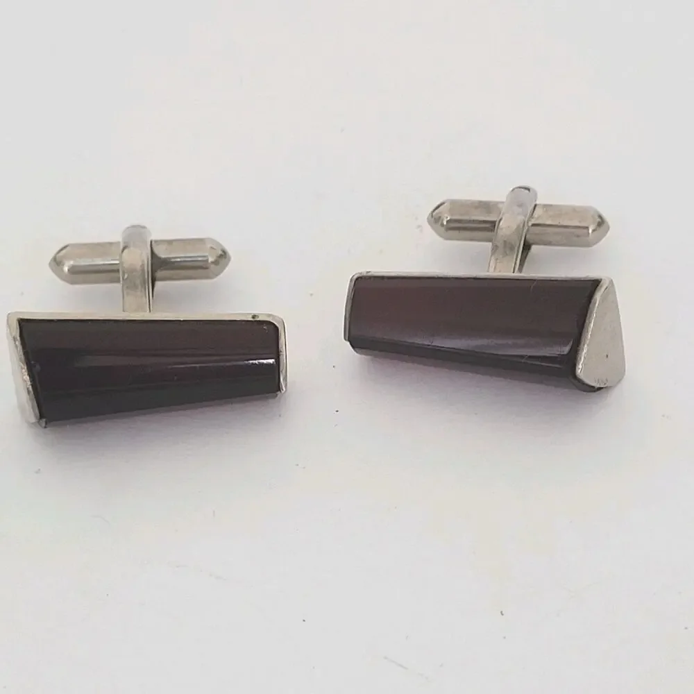 Cufflinks Silver Tone Brown Rectangle Cabochon Cufflinks Vintage Retro